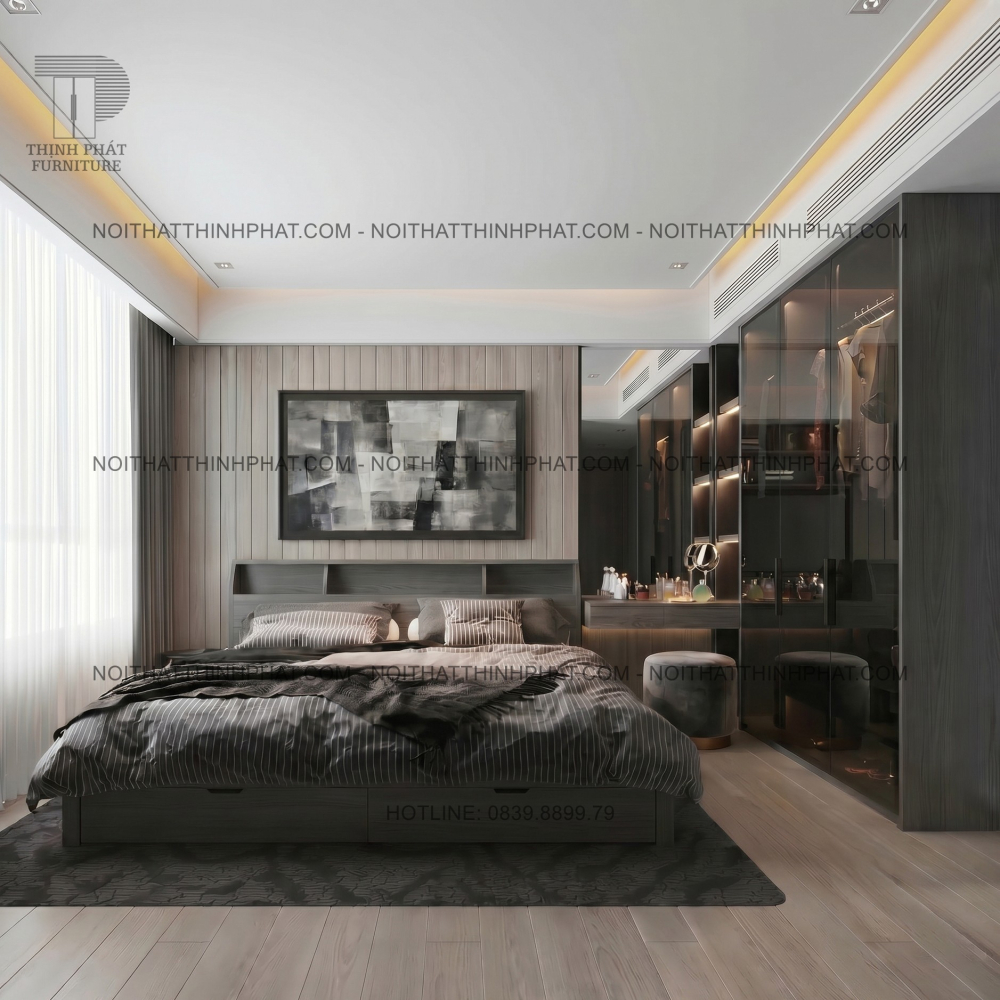 Combo Phòng Ngủ Hiện Đại Tone Xám Gỗ Sang Trọng Có Tủ Cánh Kính Khung Nhôm - PN04
